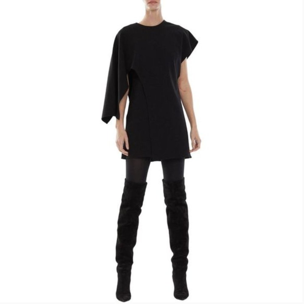 HALSTON ASYMMETRICAL CAPE SLEEVE SHEATH DRESS